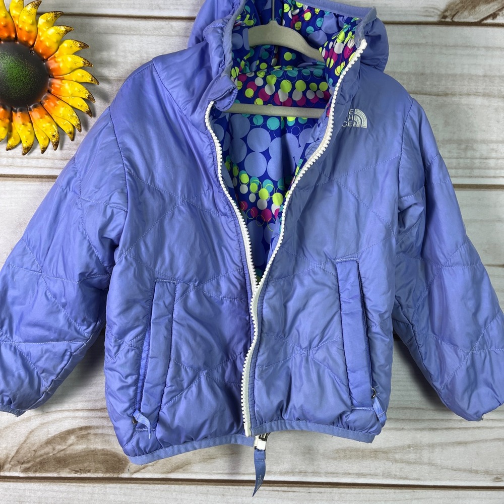 The North Face Reversible Kids Jacket Girls Blue Dot Print Purple Hooded 2T Coat - Picture 3 of 10